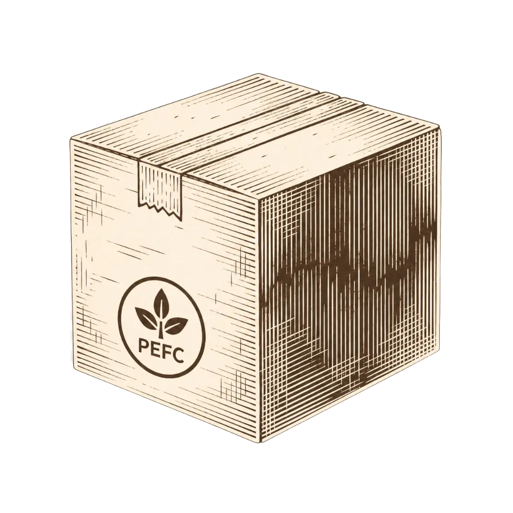 Caisse en carton illustrée en tons beige clair, fermée par du ruban adhésif, portant le logo de certification « PEFC » représentant une feuille stylisée.