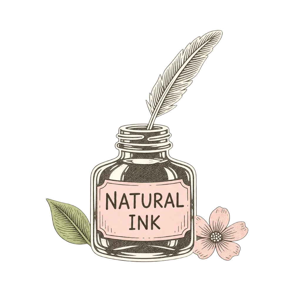 Petit flacon d'encre illustré en tons clairs avec une plume plantée dedans, portant l'étiquette « Natural Ink », entouré d'une feuille et d'une fleur.