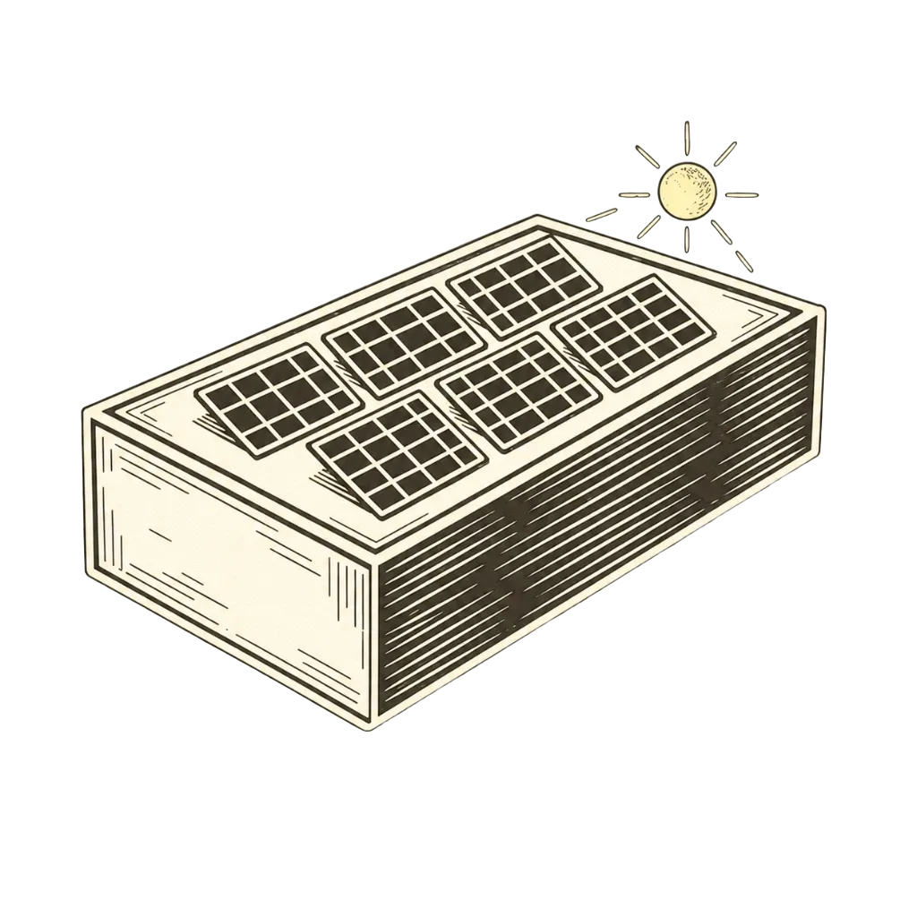 Bâtiment illustré en tons clairs équipé de panneaux solaires sur son toit plat, avec le soleil rayonnant à l'arrière-plan, style dessin au trait.