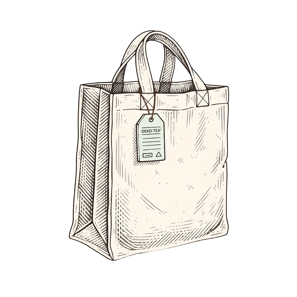 Sac en tissu illustré en tons clairs à deux anses, muni d'une étiquette suspendue portant la mention « OEKO-TEX » et des pictogrammes de certification.