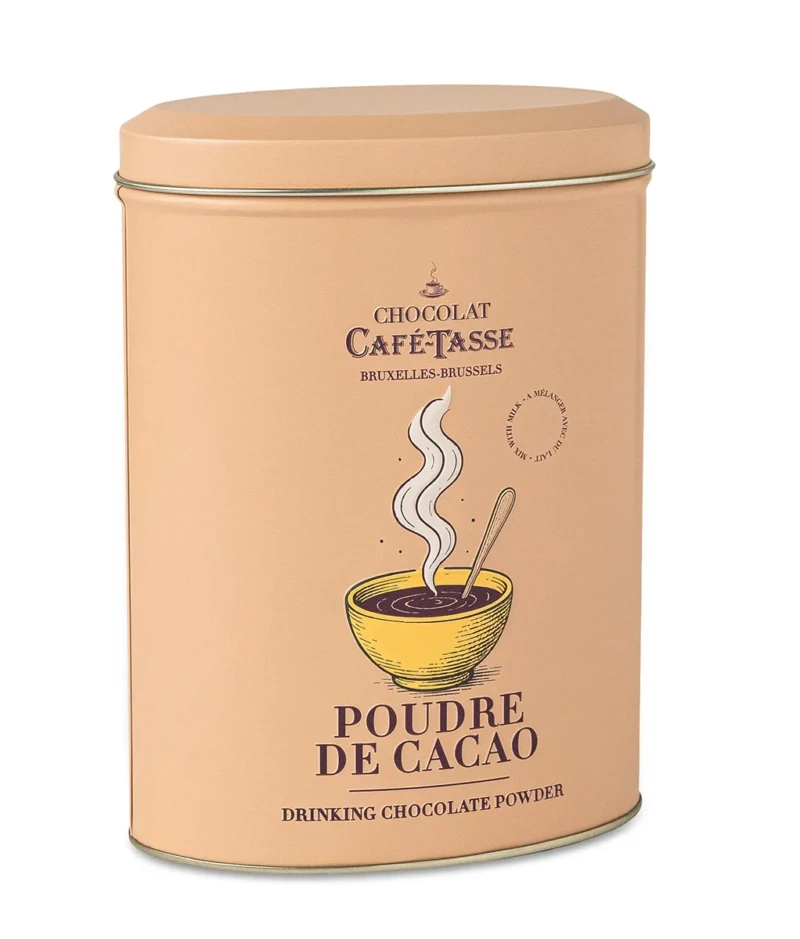 Boîte métallique ovale beige rosé « Chocolat Café-Tassé Bruxelles-Brussels » de cacao en poudre, illustrée d'une tasse fumante et d'un cercle « à mélanger avec du lait ».