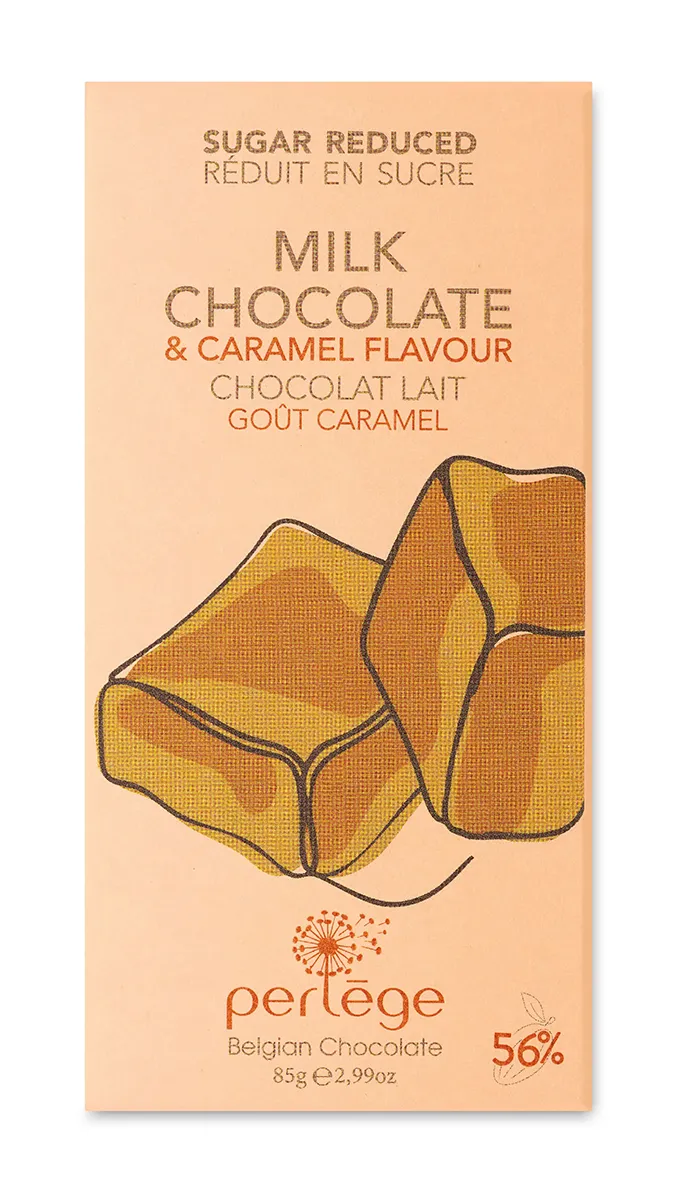Emballage pêche de tablette « Perlège » chocolat au lait goût caramel 56% réduit en sucre, 85gr, illustré de morceaux de caramel dessinés au trait.