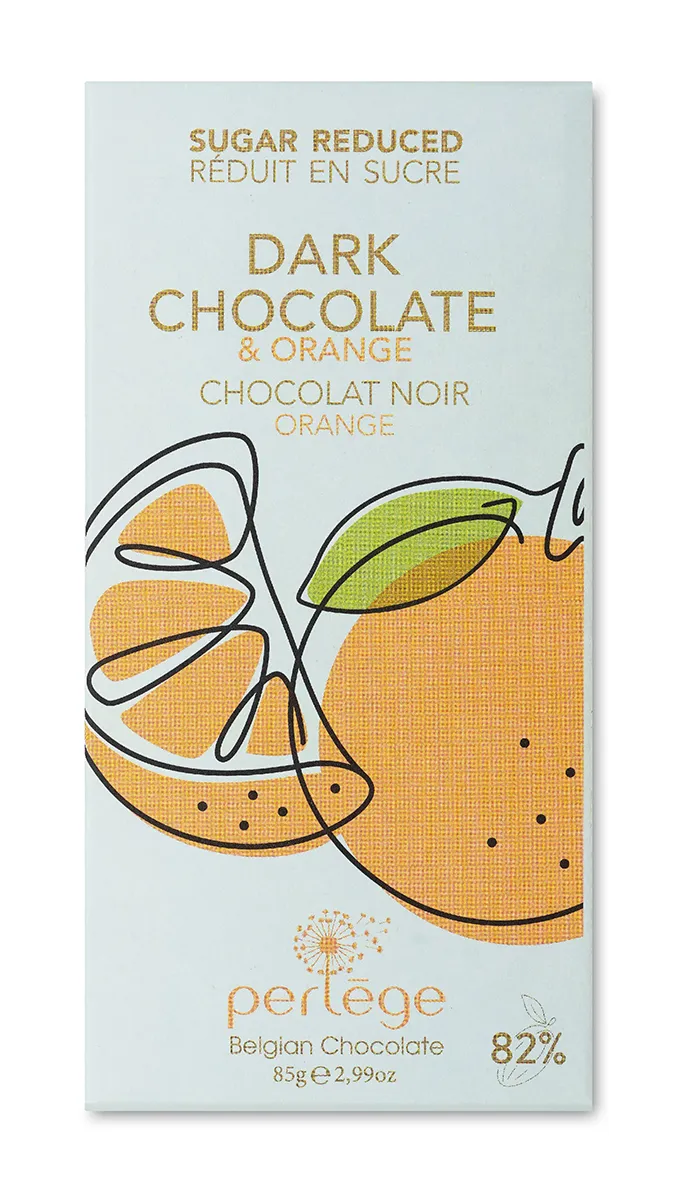 Emballage vert pâle de tablette « Perlège » chocolat noir à l'orange, réduit en sucre, 85gr, illustré de quartiers d'orange dessinés au trait.