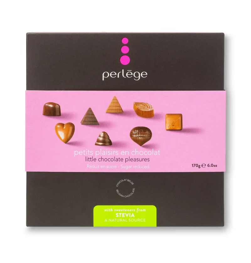 Grande boîte de pralines perlège, coffret marron avec bandeau rose « petits plaisirs en chocolat », assortiment de pralines variées illustrées, format 170g réduit en sucre.