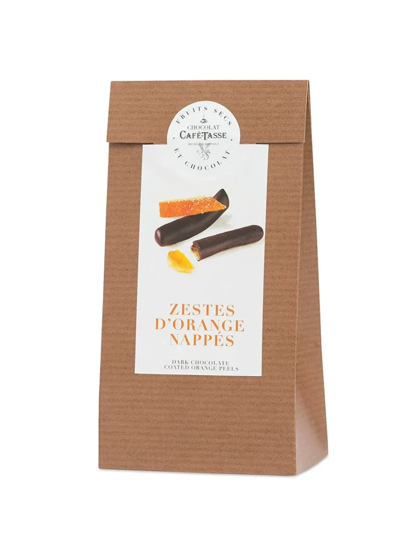 Sachet kraft Café-Tassé « Fruits Secs et Chocolat », zestes d'orange confits enrobés de chocolat noir, visuel « Zestes d'Orange Nappés ».