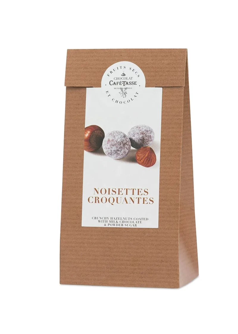 Sachet kraft Café-Tassé « Fruits Secs et Chocolat », noisettes enrobées de chocolat au lait et sucre glace, visuel « Noisettes Croquantes ».