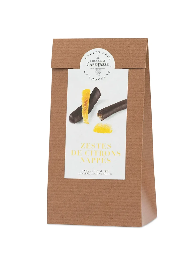 Sachet kraft Café-Tassé « Fruits Secs et Chocolat », zestes de citron confits enrobés de chocolat noir, visuel « Zestes de Citrons Nappés ».