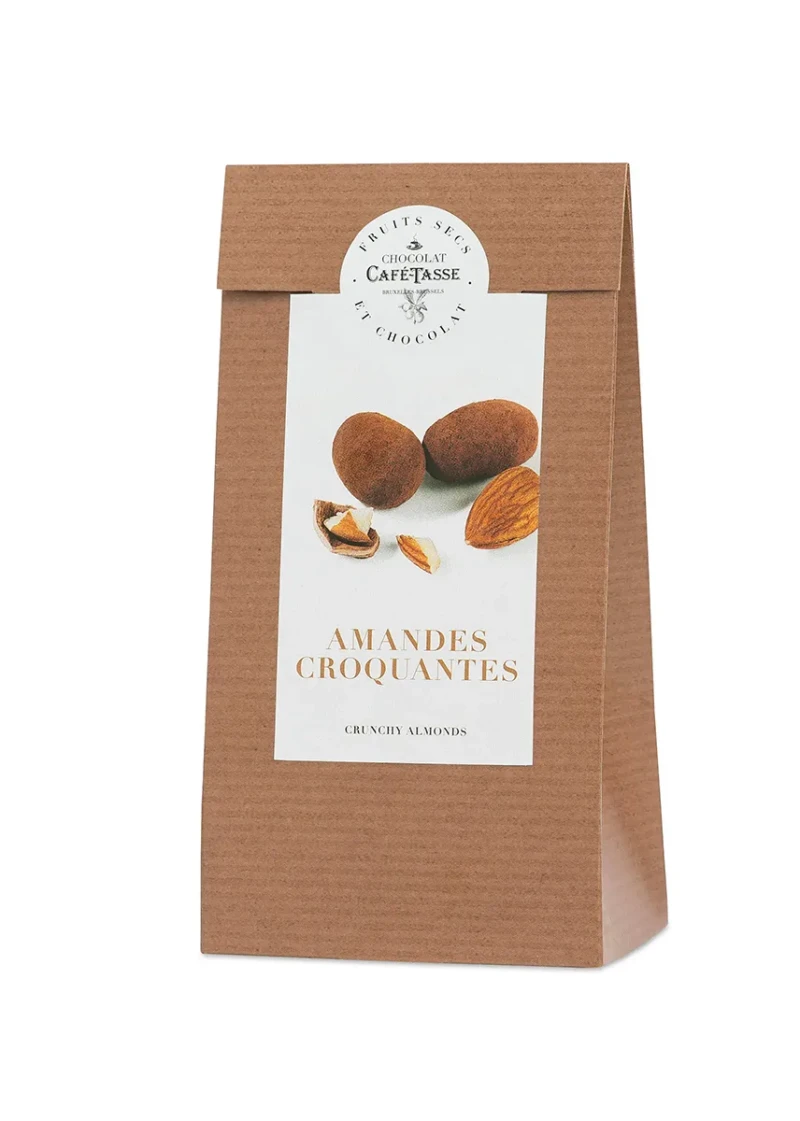 Sachet kraft Café-Tassé « Fruits Secs et Chocolat », amandes enrobées de chocolat au lait, visuel « Amandes Croquantes ».