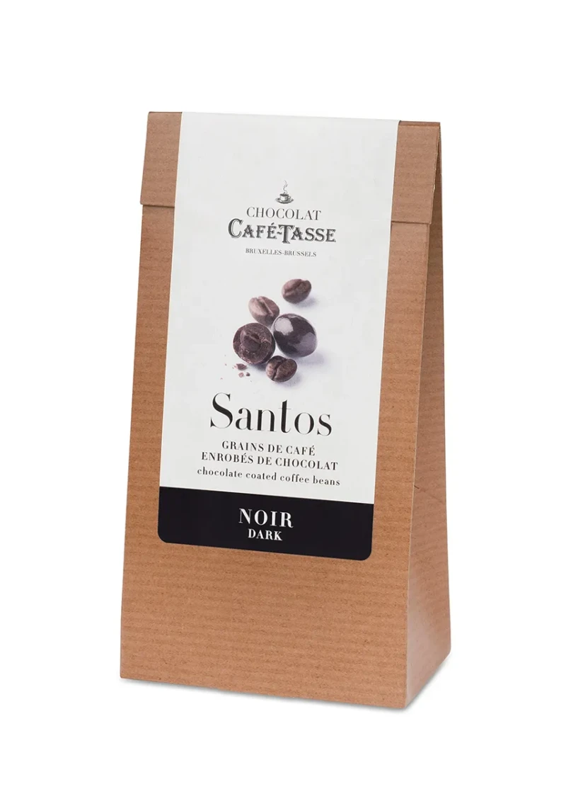 Sachet kraft Café-Tassé « Santos », grains de café enrobés de chocolat noir, bandeau noir « Noir Dark ».