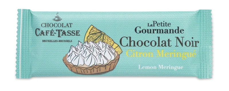 Emballage vert d'eau illustré d'une tarte au citron meringuée, « La Petite Gourmande » Café-Tassé, Chocolat Noir Citron Meringué, mention « Lemon Meringue ».