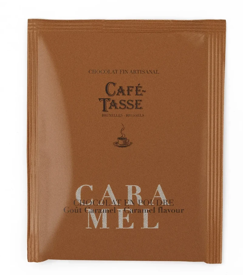 Sachet individuel brun métallisé, « Chocolat Fin Artisanal Café-Tassé Bruxelles-Brussels », cacao caramel, 20 gr.